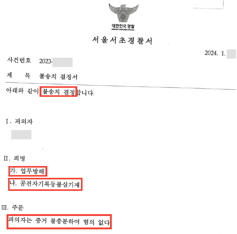 도면에 엉뚱한 대화 캡처가? 업무방해 공전자기록불실기재 무혐의