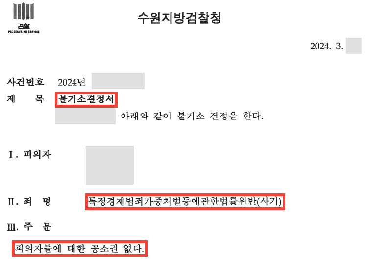 이미 기소된 사기 사건에 대한 추가 송치, 공소권없음 결정