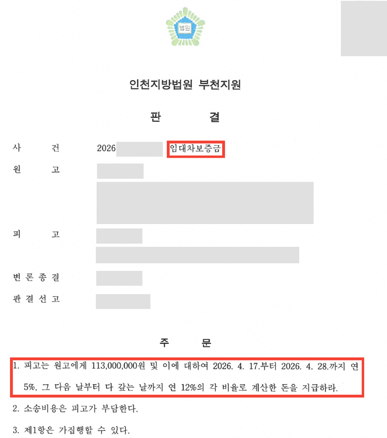임대차보증금을 돌려받지 못했다면? 보증금과 지연손해금 전부 인용
